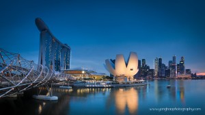 Singapore Skyline: Helix Bridge leading to MBS, Art Science Museum and CBD on the right