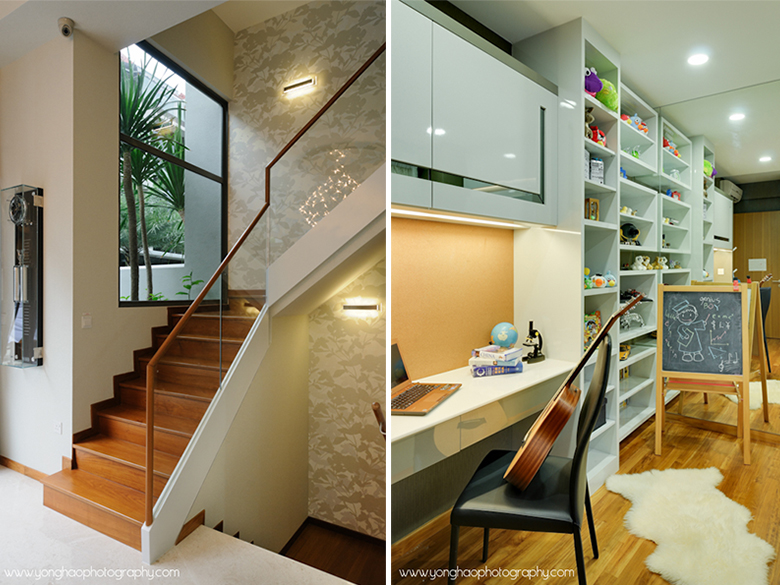 Left: Staircase Area, Right: Bedroom with study area by YongHao Photography